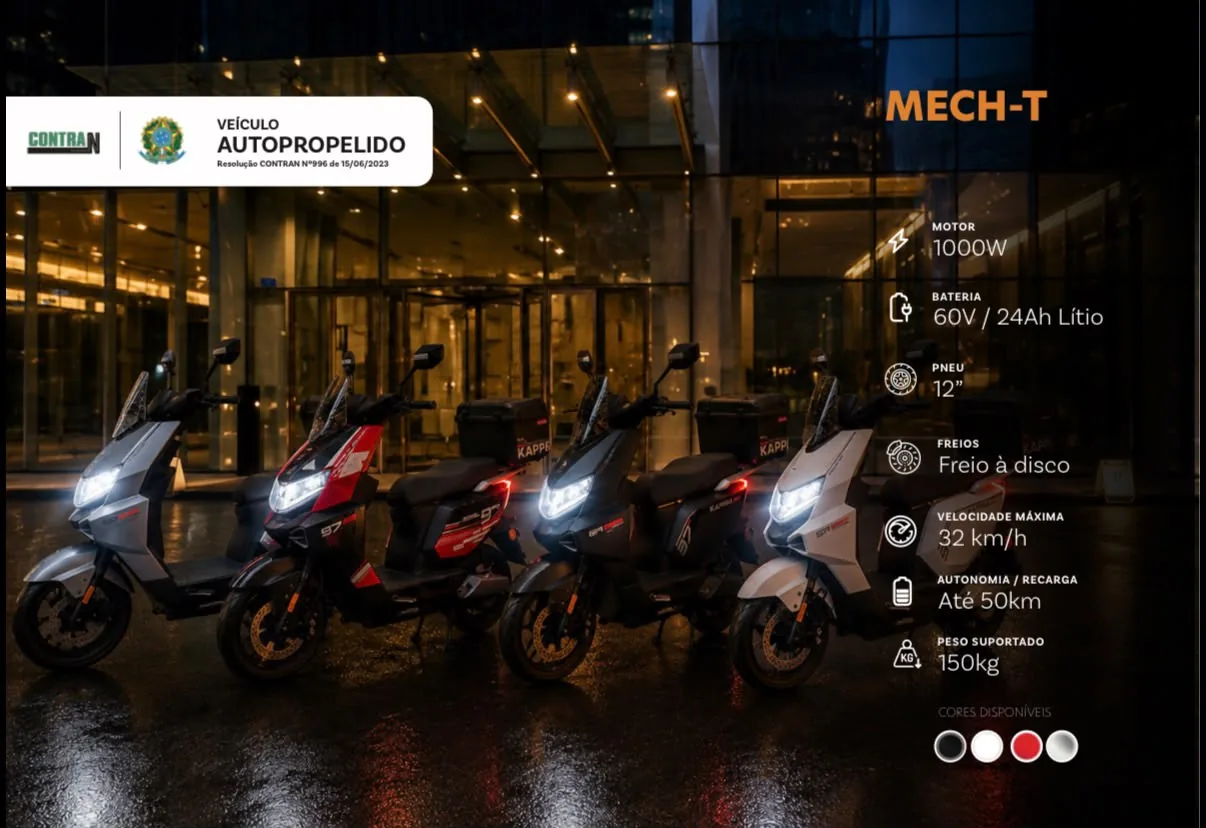 Ficha técnica MECH-T: motor 1000W, bateria 60V / 24Ah lítio, pneu 12